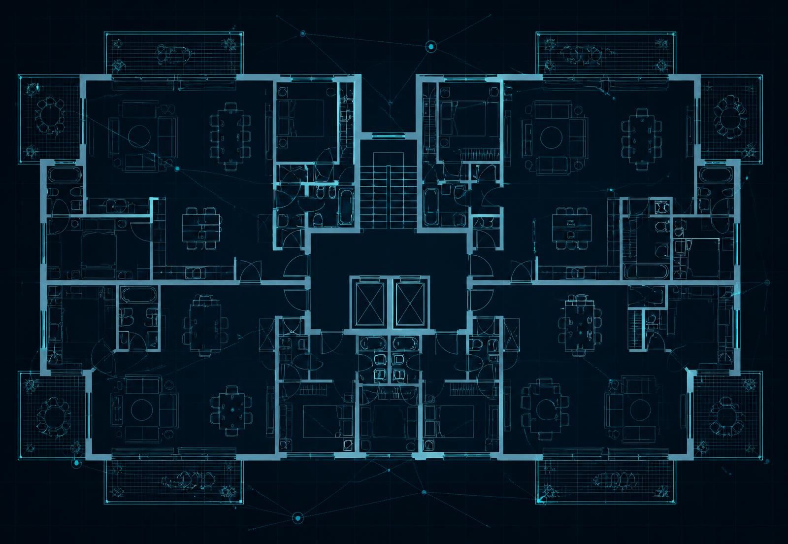 Blueprint floor plan of a residential building with smart home mesh nodes mapped across rooms